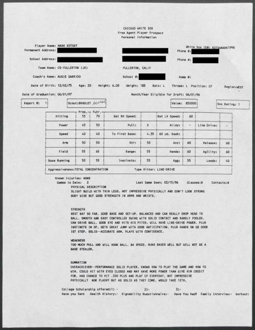 Mark Kotsay scouting report, 1996 March 15