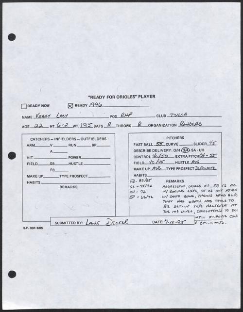 Kerry Lacy scouting report, 1995 July 13