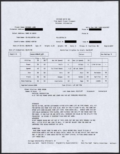 Mike Lamb scouting report, 1997 February 21