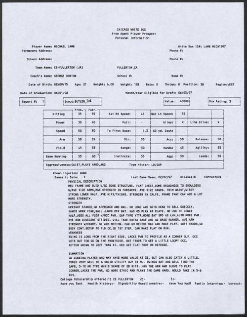 Mike Lamb scouting report, 1997 February 02