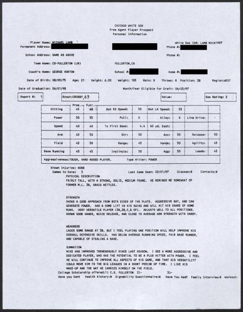 Mike Lamb scouting report, 1997 February 01