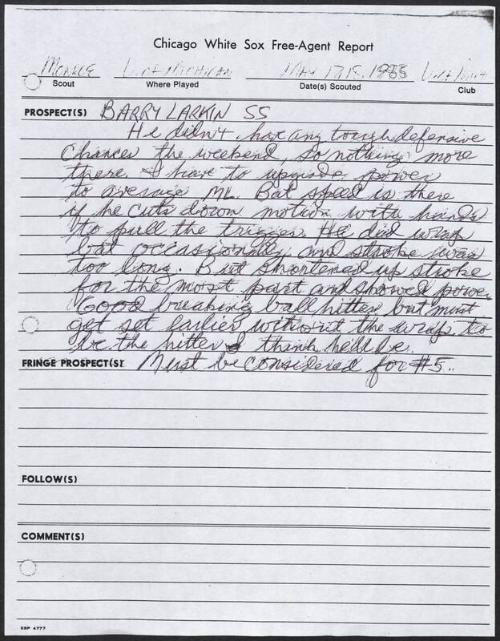 Barry Larkin scouting report, 1985 May 17-18