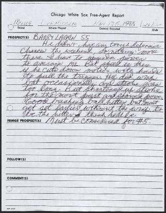 Barry Larkin scouting report, 1985 May 17-18