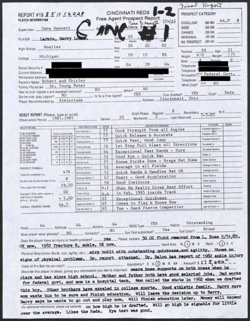 Barry Larkin scouting report, 1985 May 30