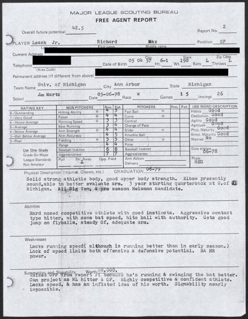 Rick Leach scouting report, 1978 May 06