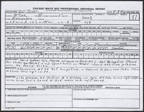 Derek Lee scouting report, 1990 August 08