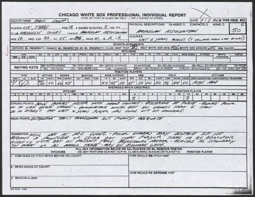 Terry Lee scouting report, 1990 July 03