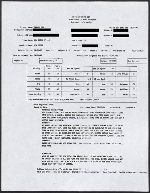Travis Lee scouting report, 1996 February 13