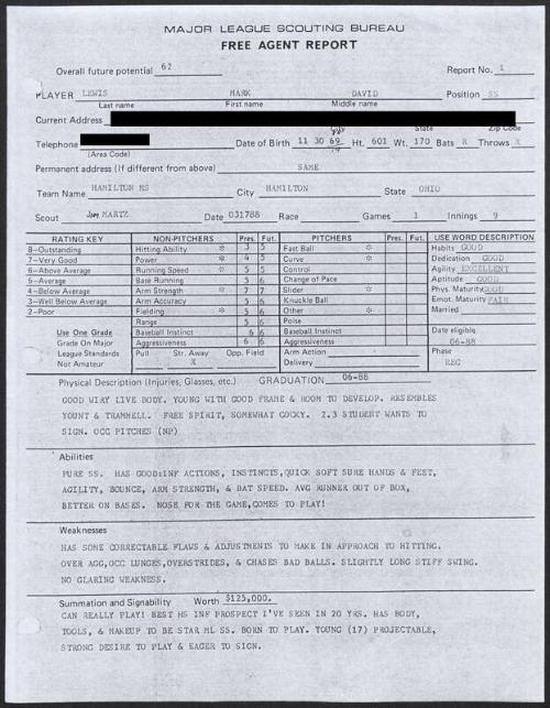 Mark Lewis scouting report, 1988 March 17
