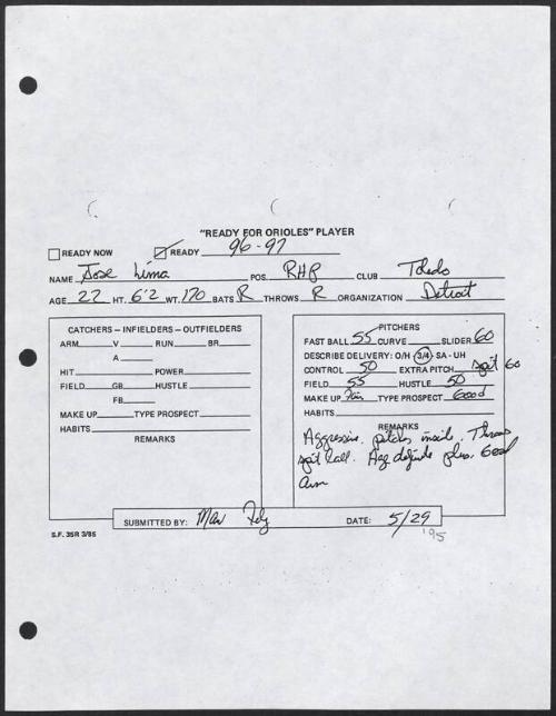 Jose Lima scouting report, 1995 May 29