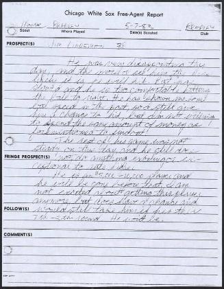 Jim Lindeman scouting report, 1983 May 07