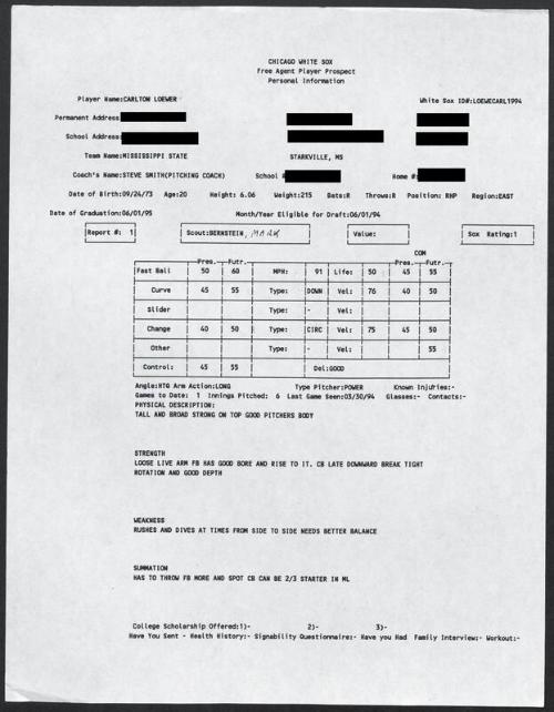 Carlton Loewer scouting report, 1994 March 30