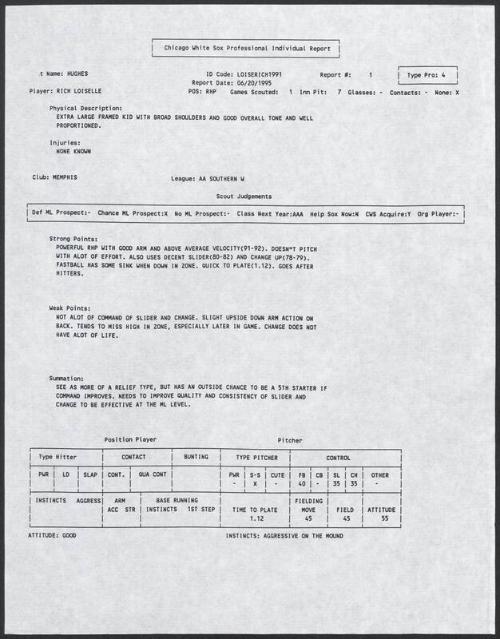 Rich Loiselle scouting report, 1995 June 20