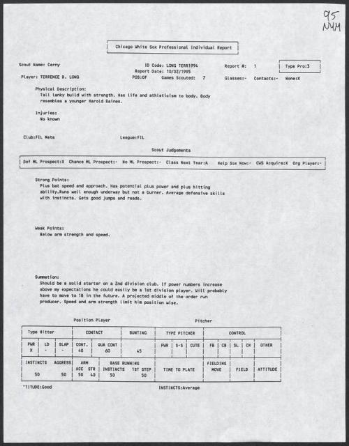 Terrence Long scouting report, 1995 October 02