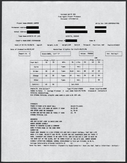 Braden Looper scouting report, 1996 March 19