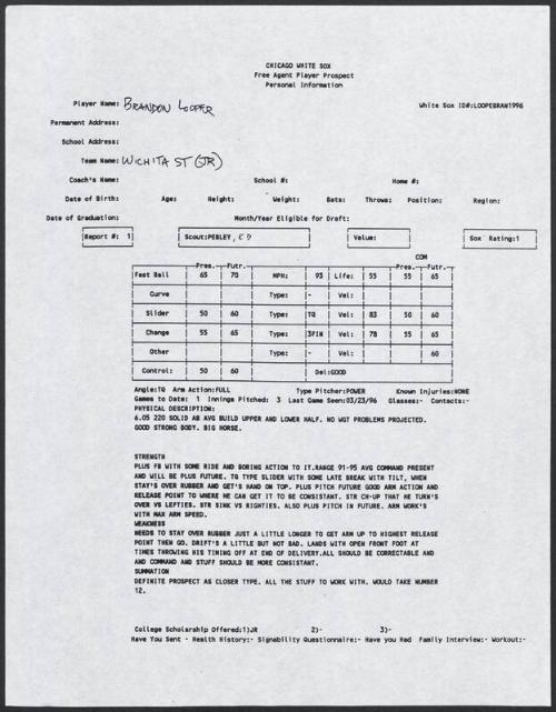 Braden Looper scouting report, 1996 March 23