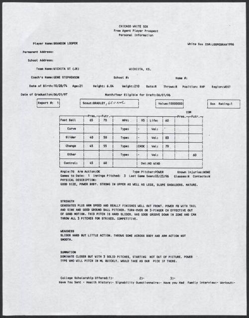 Braden Looper scouting report, 1996 March 23