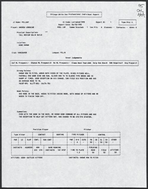 Andrew Lorraine scouting report, 1995 June 18