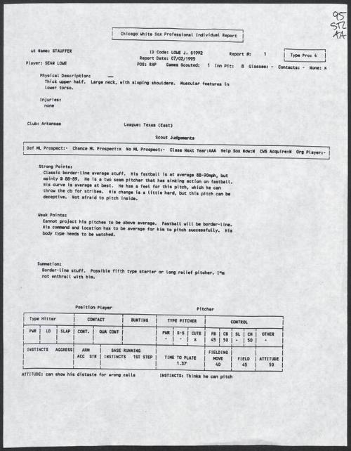 Sean Lowe scouting report, 1995 July 02