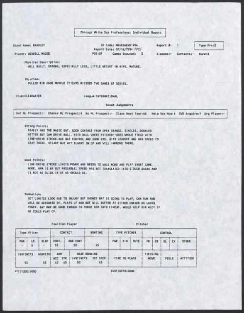 Wendell Magee scouting report, 1995 July 16