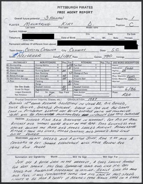 Kirt Manwaring scouting report, 1985 June 01