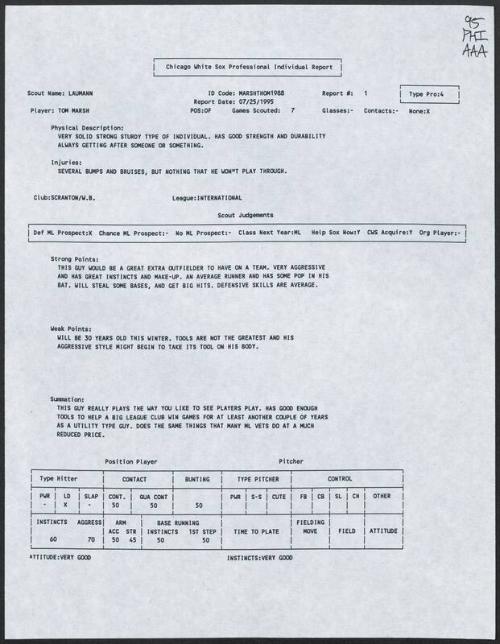Tom Marsh scouting report, 1995 July 25