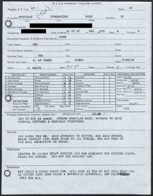 Tino Martinez scouting report, 1987 August 15