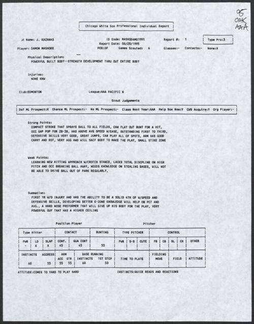 Damon Mashore scouting report, 1995 June 28