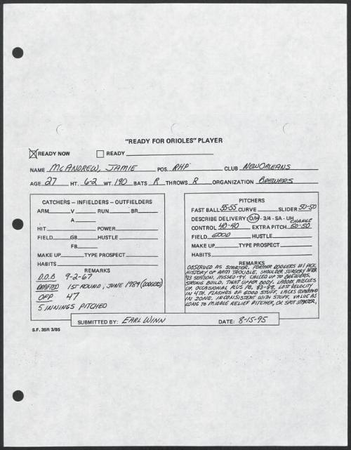Jamie McAndrew scouting report, 1995 August 15