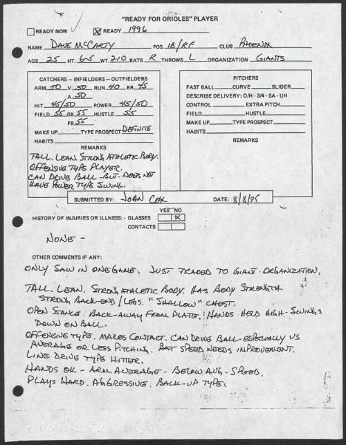 Dave McCarty scouting report, 1995 August 08