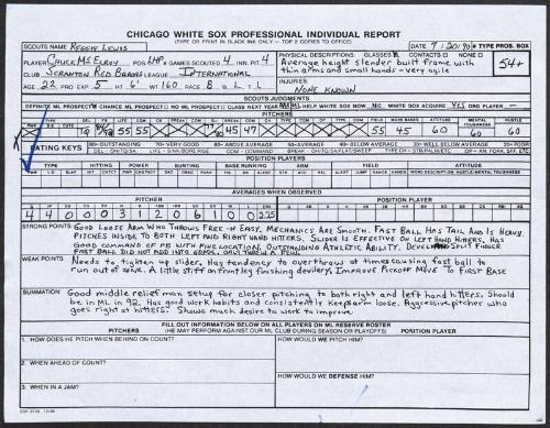 Chuck McElroy scouting report, 1990 July 20