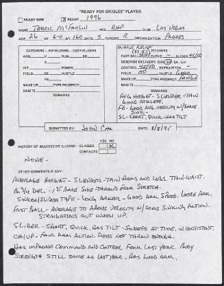 Terric McFarlin scouting report, 1995 August 08