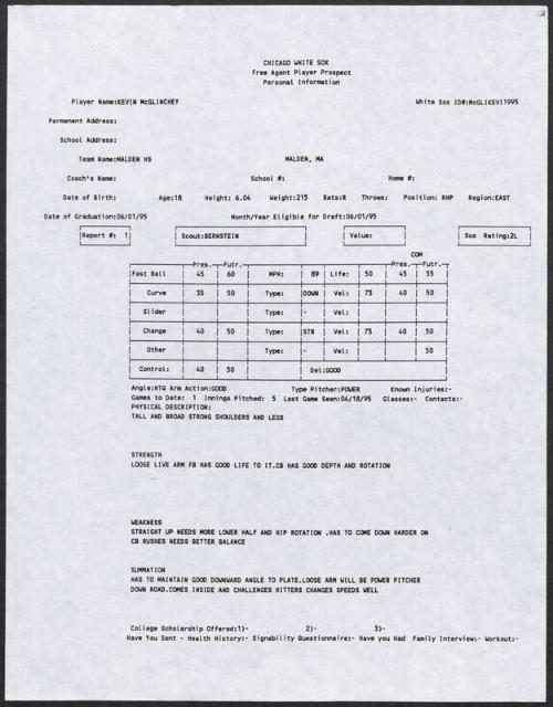 Kevin McGlinchy scouting report, 1995 April 18
