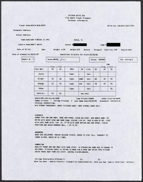 Kevin McGlinchy scouting report, 1996 February 20