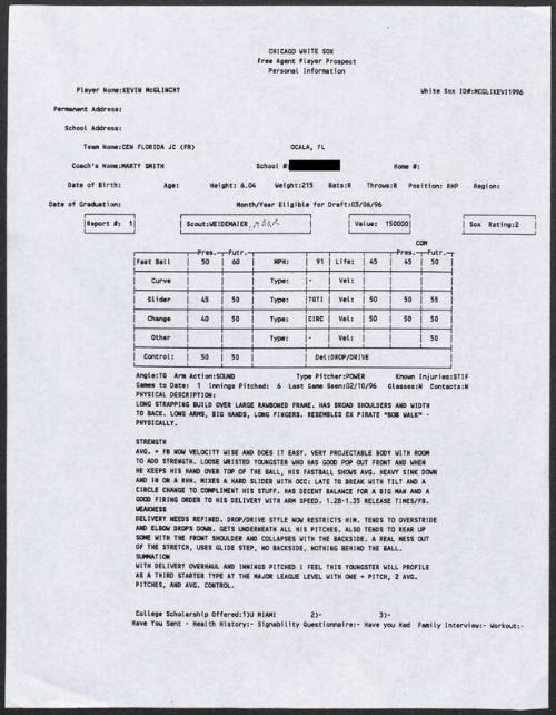 Kevin McGlinchy scouting report, 1996 February 10