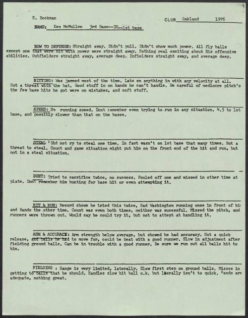 Ken McMullen scouting report, 1976 September