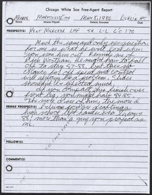 Kent Mercker scouting report, 1986 May 08