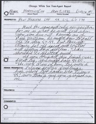 Kent Mercker scouting report, 1986 May 08