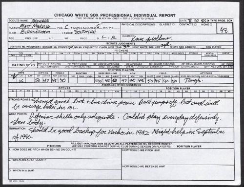 Matt Merullo scouting report, 1990 August 10