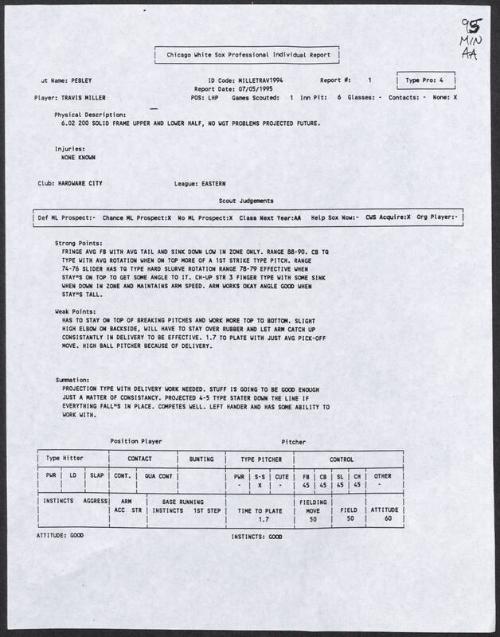 Travis Miller scouting report, 1995 July 05