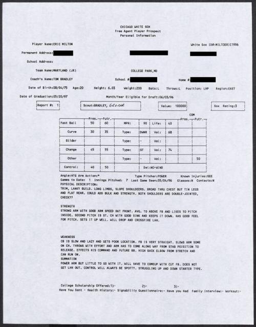 Eric Milton scouting report, 1996 May 04
