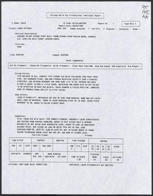 Larry Mitchell scouting report, 1995 August 23