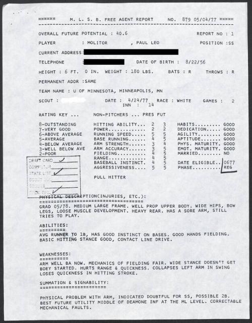 Paul Molitor scouting report, 1977 April 24