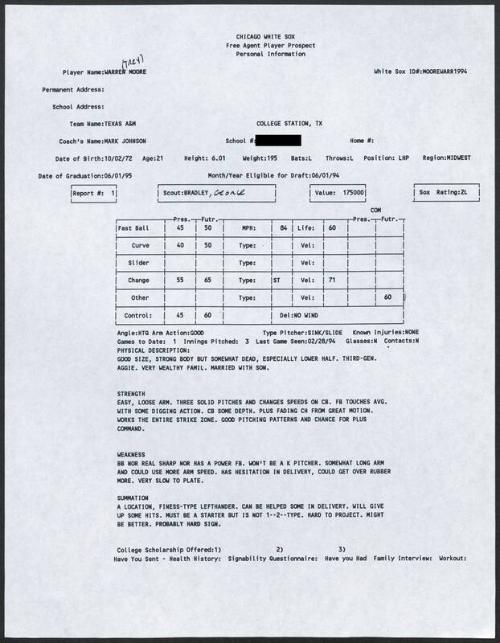 Trey Moore scouting report, 1994 February 28