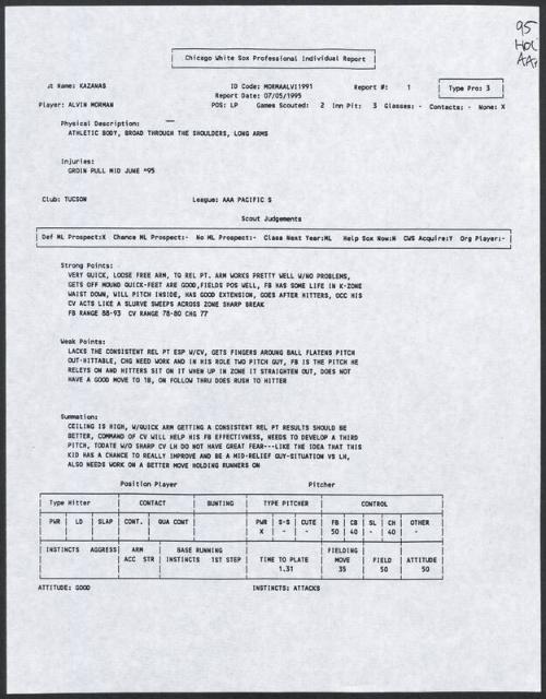 Alvin Morman scouting report, 1995 July 05