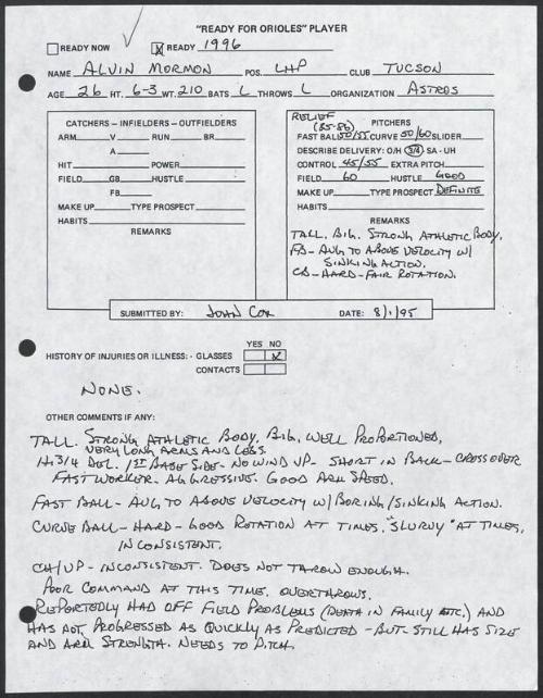 Alvin Morman scouting report, 1995 August 01