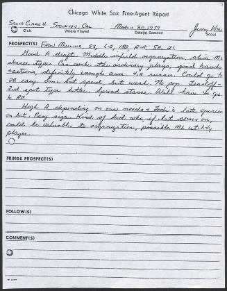 Fran Mullins scouting report, 1979 March 30