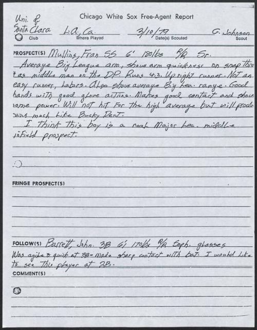 Fran Mullins scouting report, 1979 March 10