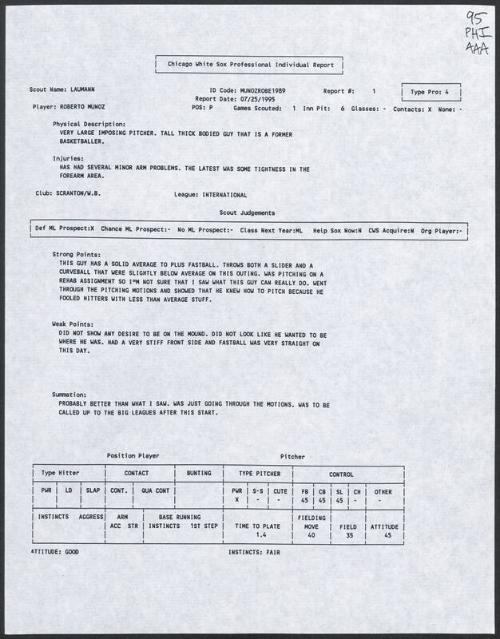 Bobby Munoz scouting report, 1995 July 25