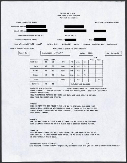 Peter Munro scouting report, 1994 March 14